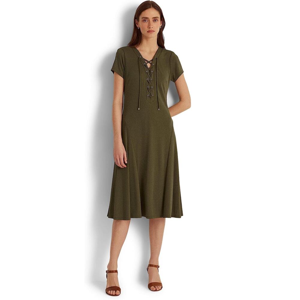 Lauren Ralph Lauren Women Olive Green Jersey Casual Lace-Up Midi Dress Size 10